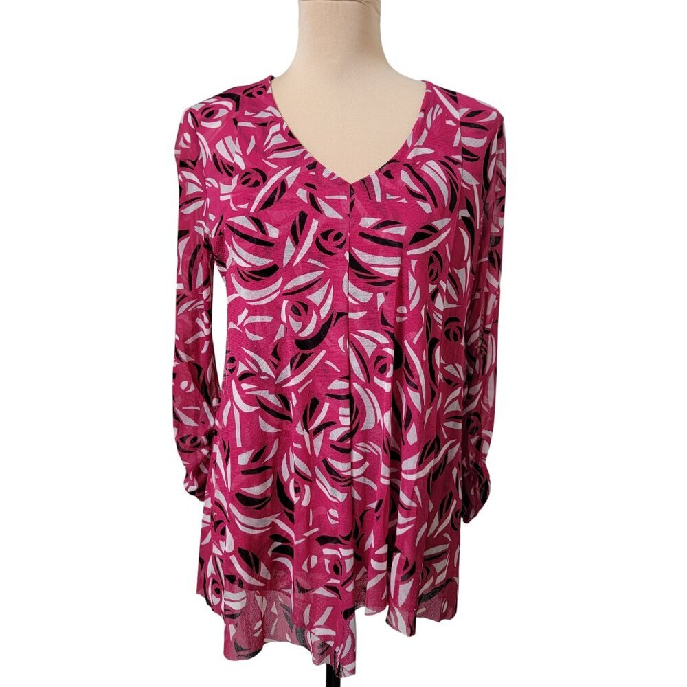 ALFANI Size M Raspberry Pink, White Black V-Neck Asymmetrical Hem Semi Sheer Top